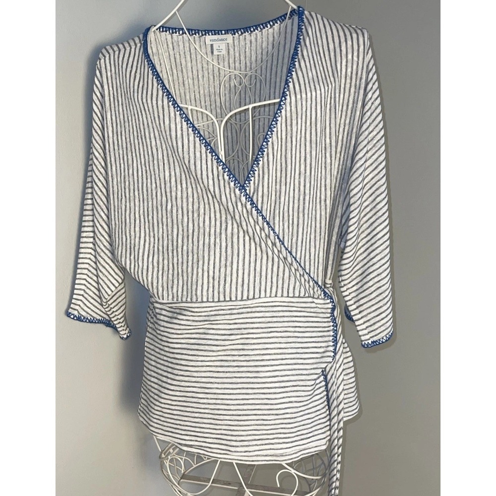 Sundance Freya Yarn Dyed Linen Boho Wrap Top Womens S Whipstitch Stripe